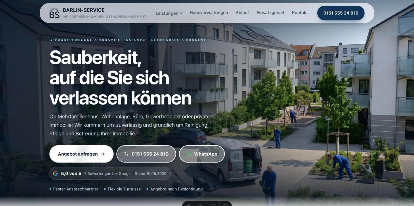 Startseite von Barlin-Service mit Foto eines laufenden Einsatzes an einer Wohnanlage