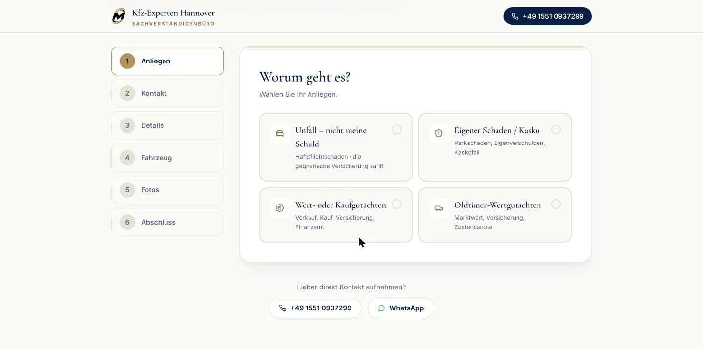 Online-Schadenmeldung in sechs Schritten: links die Schrittleiste von Anliegen bis Abschluss, rechts die Auswahl des Anliegens