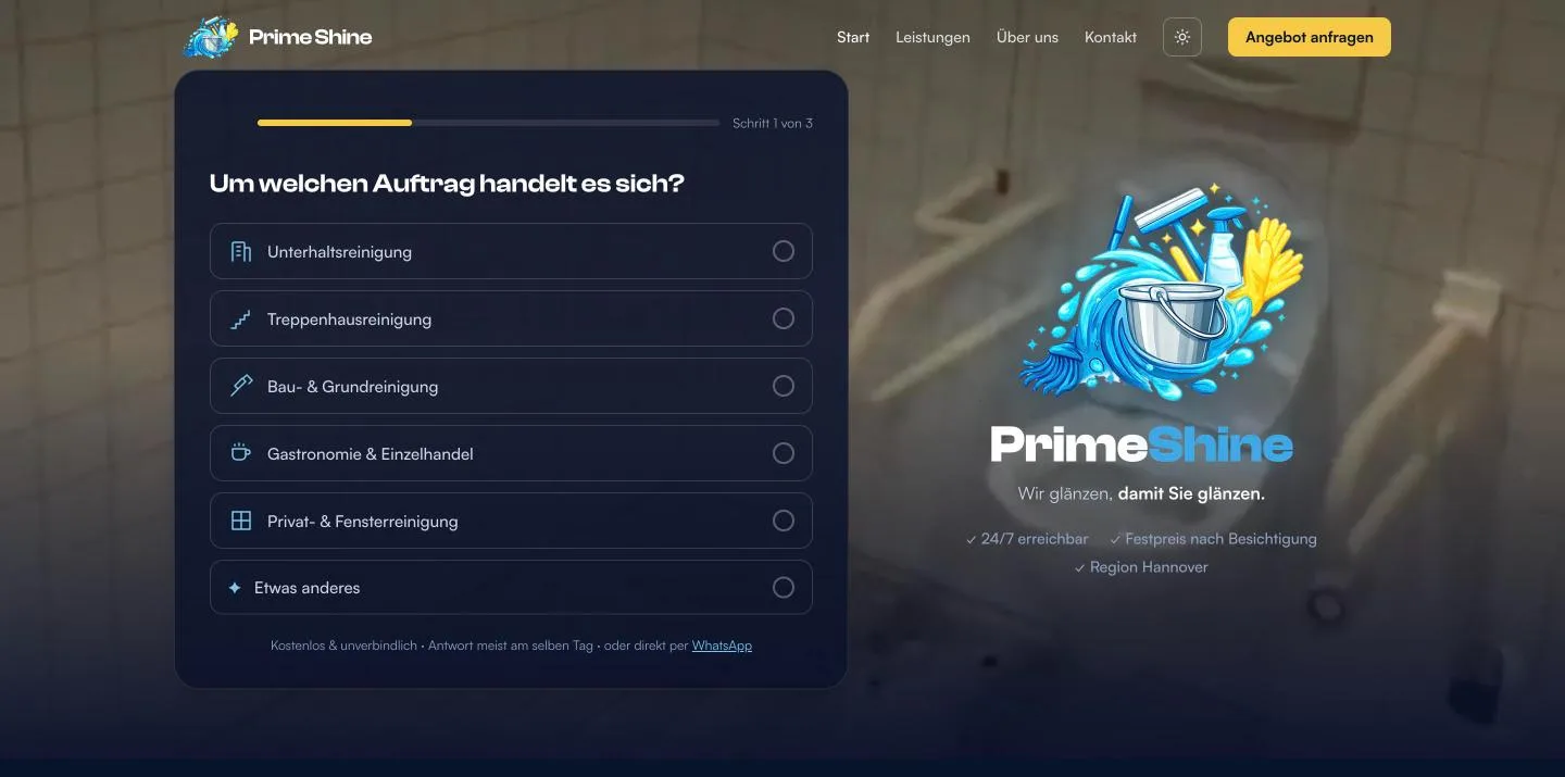 Startseite von Prime Shine: eine dreistufige Anfragestrecke, die mit der Auswahl der Reinigungsart beginnt