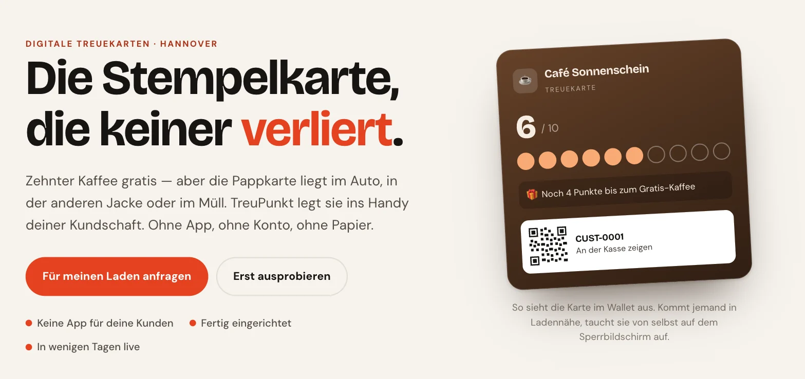 TreuPunkt: Überschrift „Die Stempelkarte, die keiner verliert“ neben einer Treuekarte im Wallet mit sechs von zehn gesammelten Punkten