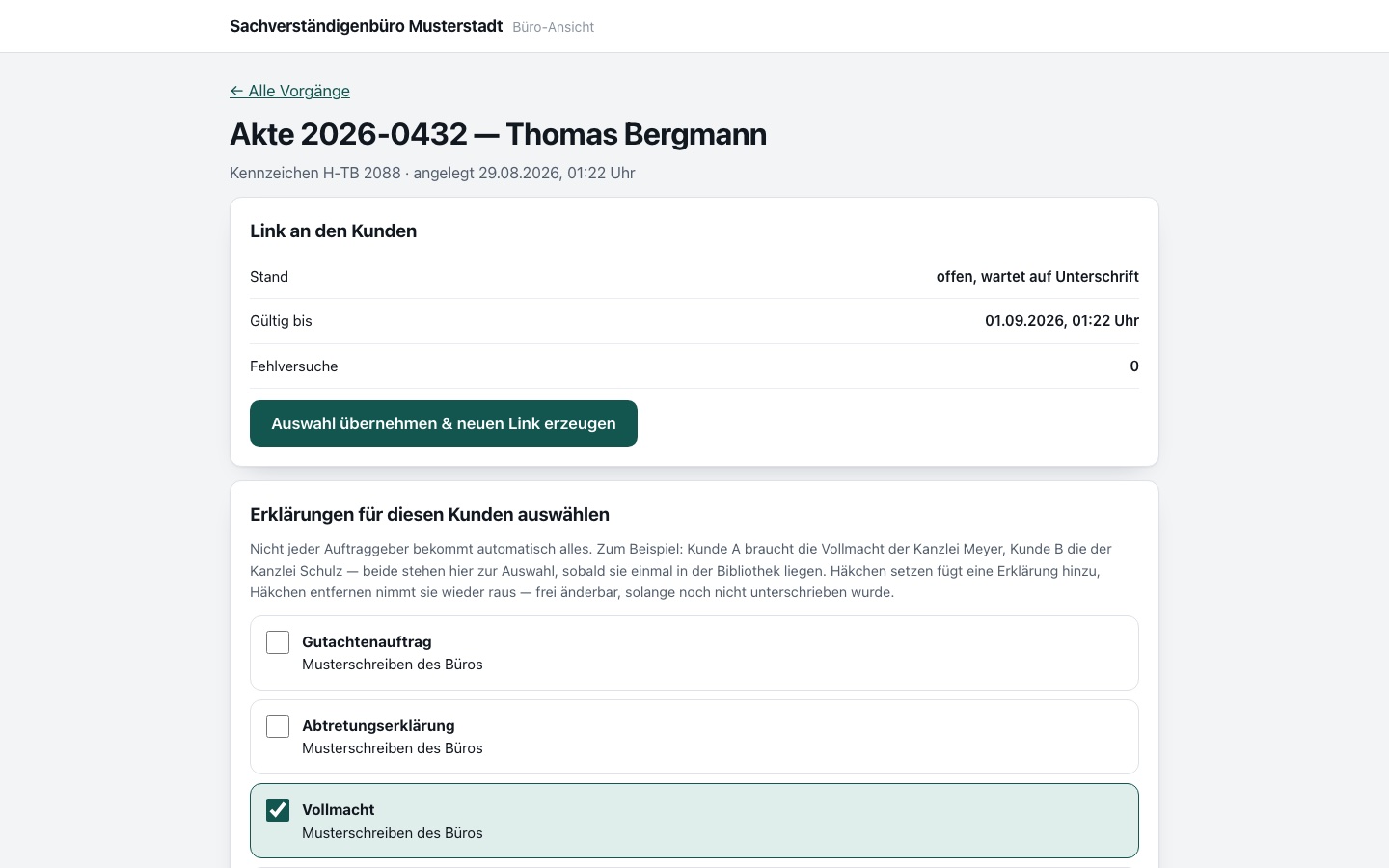 Auswahl der Erklärungen für einen Vorgang, jede einzeln zuschaltbar