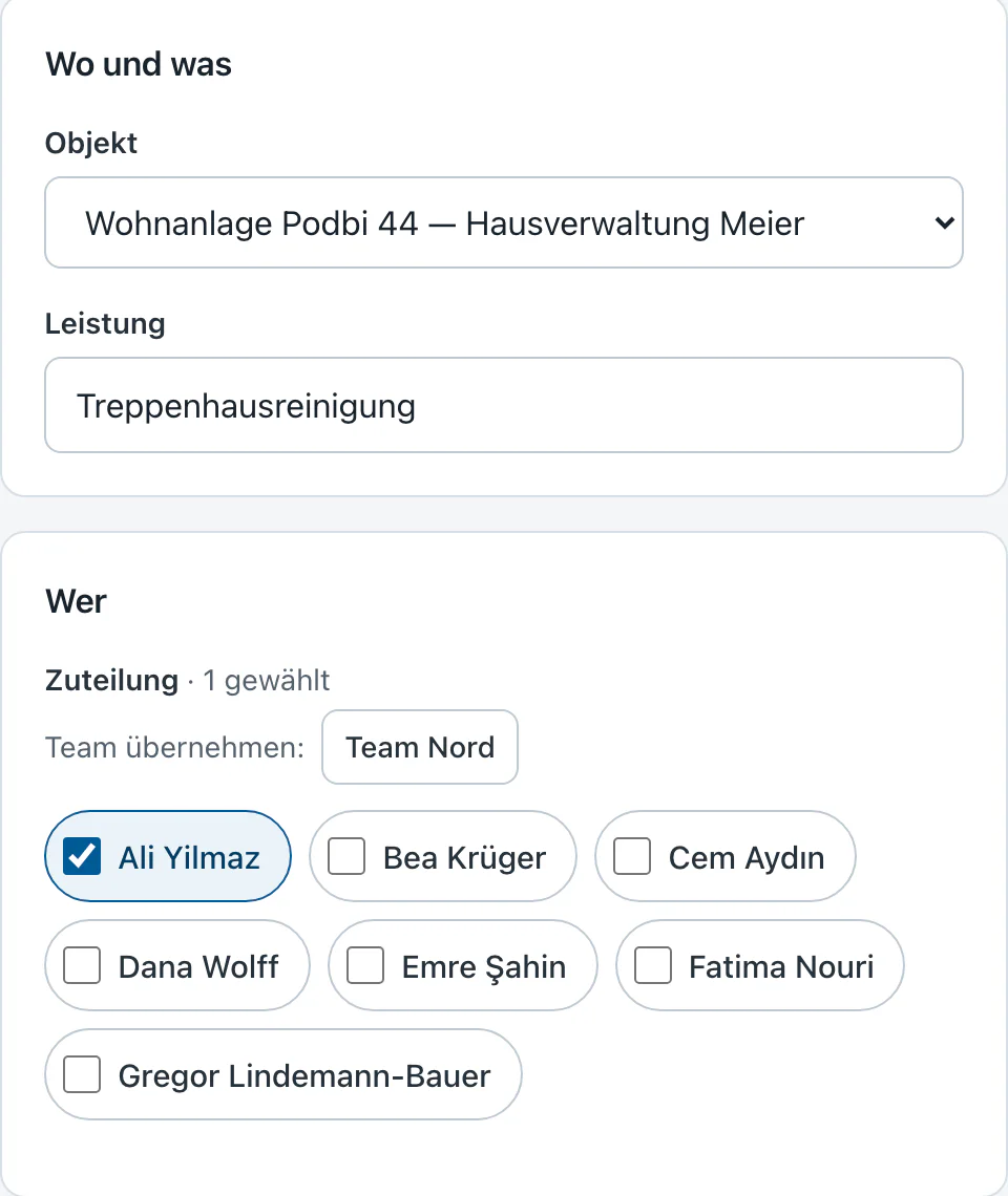 Planning a job in the office: site, service and the assigned staff
