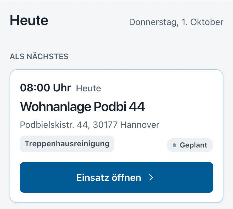 Field app on the phone: the next job today at 08:00 with address and service