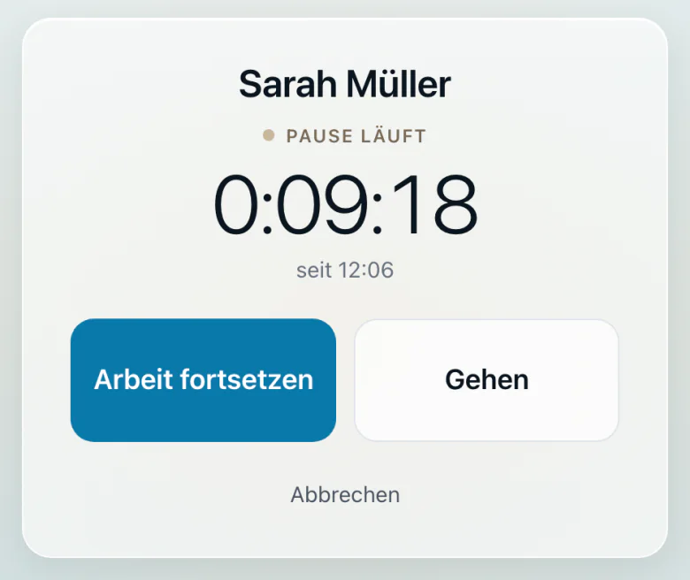 Terminal: break running since 12:06, counter 0:09:18, with buttons to resume work and to leave