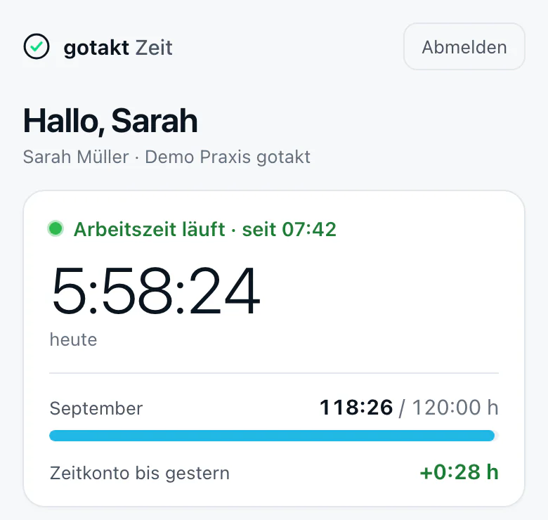Staff phone: working time running since 07:42, today 5:58:24, below it the month and the time account